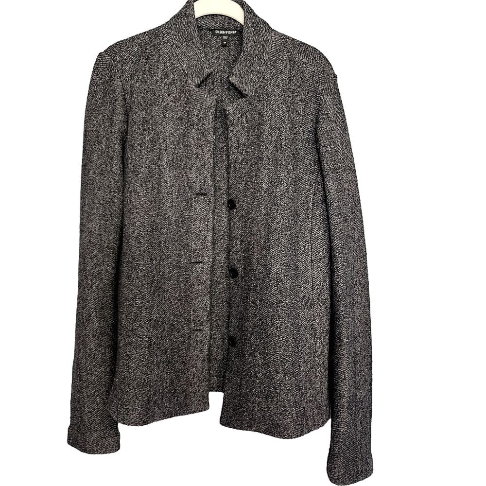 Eileen Fisher Blazer Jacket Wool Cotton Knit Herringbone Band Collar Gray M